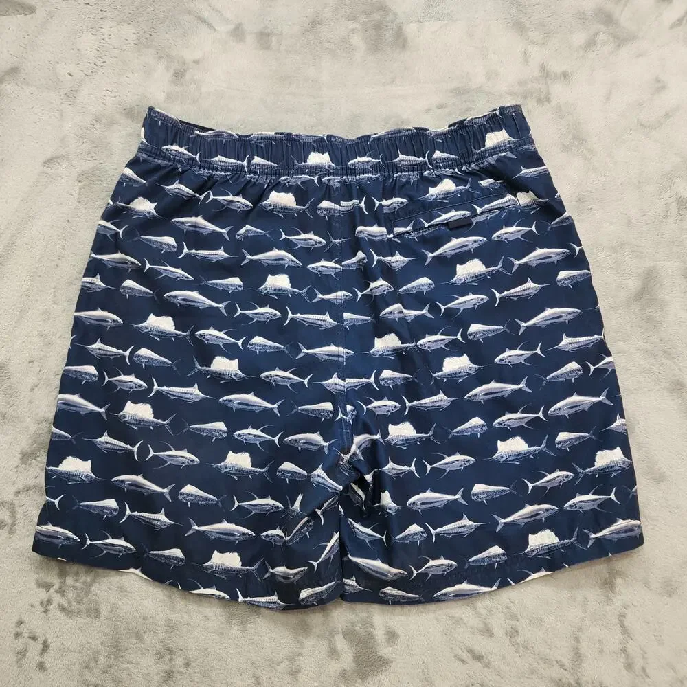 NAUTICA Board Shorts Mens L‎ Blue Deepwater Fish Print Tie Front Swim Trunks